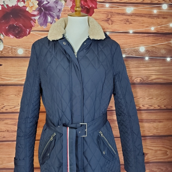 Tommy Hilfiger Navy Blue Long Quilted Coat - Picture 2 of 8